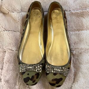 Boden Leopard Pony Hair Green Ballet Flats with Rhinestone Bow - 41